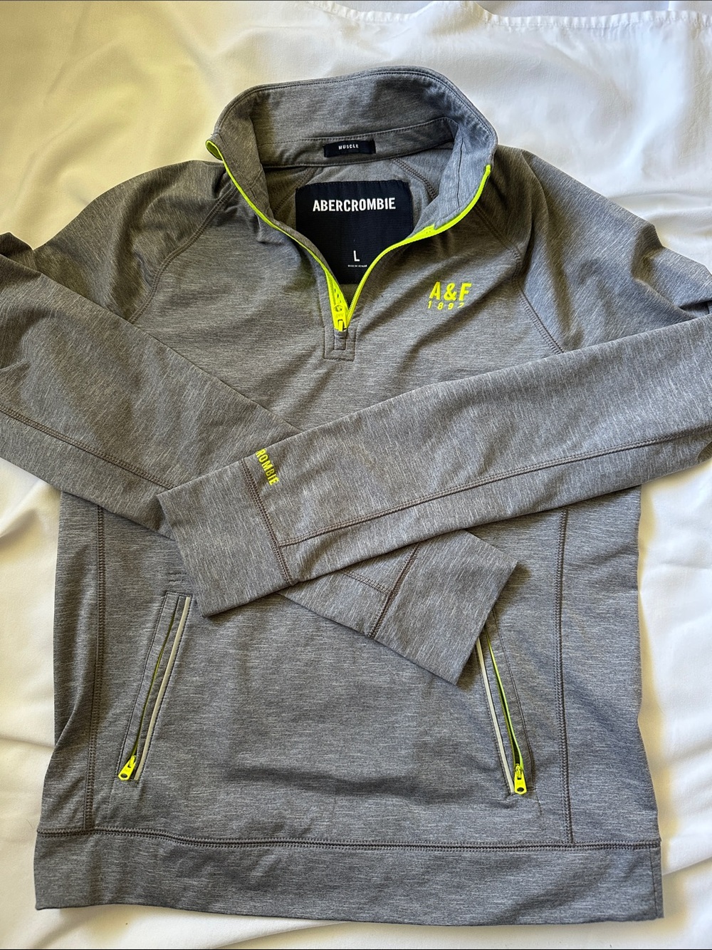 Abercrombie & Fitch Gray Performance Quarter-Zip with Neon Yellow Accents